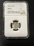 1953 S 10c MS67 Roosevelt Dime