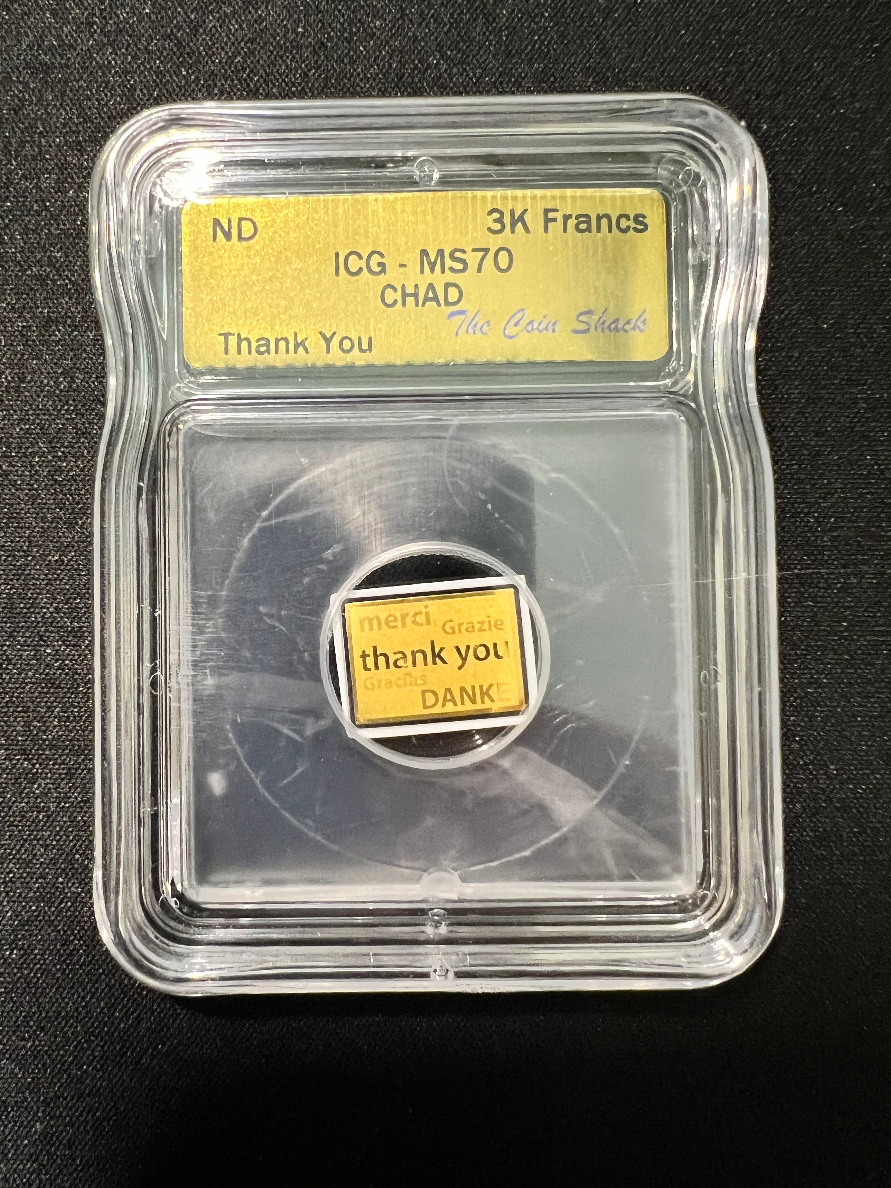 ICG MS70 3K Francs Republic of Chad .999 fine